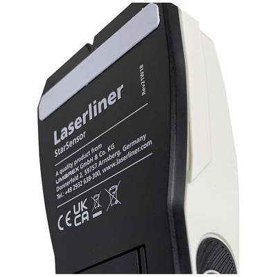 Un dispositivo Laserliner StarSensor che mostra informazioni tecniche e dati di contatto del produttore sul retro.