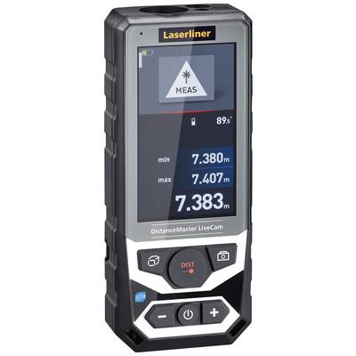 Telemetro laser con display digitale che mostra la misurazione della distanza: minimo 7,380m, massimo 7,407m e valore attuale 7,383m.