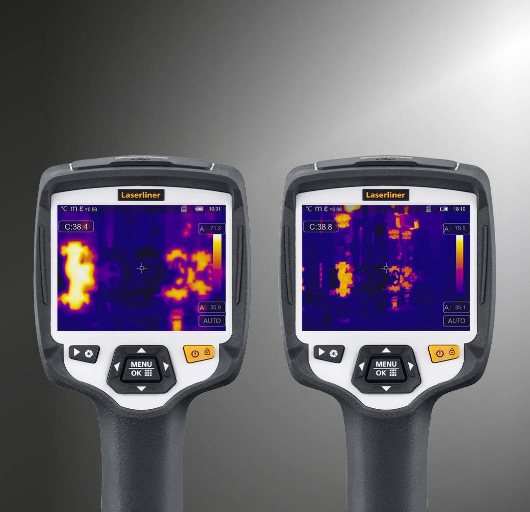 Due telecamere termografiche a infrarossi mostrano immagini termiche di oggetti in diversi colori per la misurazione e l'analisi della temperatura.
