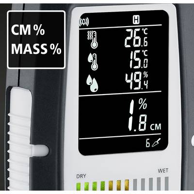 Display digitale di un dispositivo per la misurazione dell'umidità con indicazioni di temperatura (26°C), umidità relativa (49,4%) e contenuto d'acqua (1,8%).