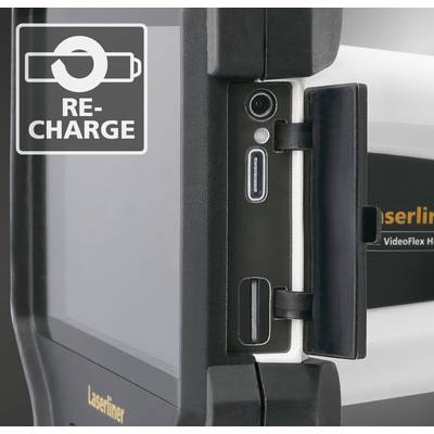 Primo piano di un dispositivo Laserliner con display e connessioni. In alto a sinistra un simbolo e il testo 'RE-CHARGE', probabilmente per la ricarica della batteria.