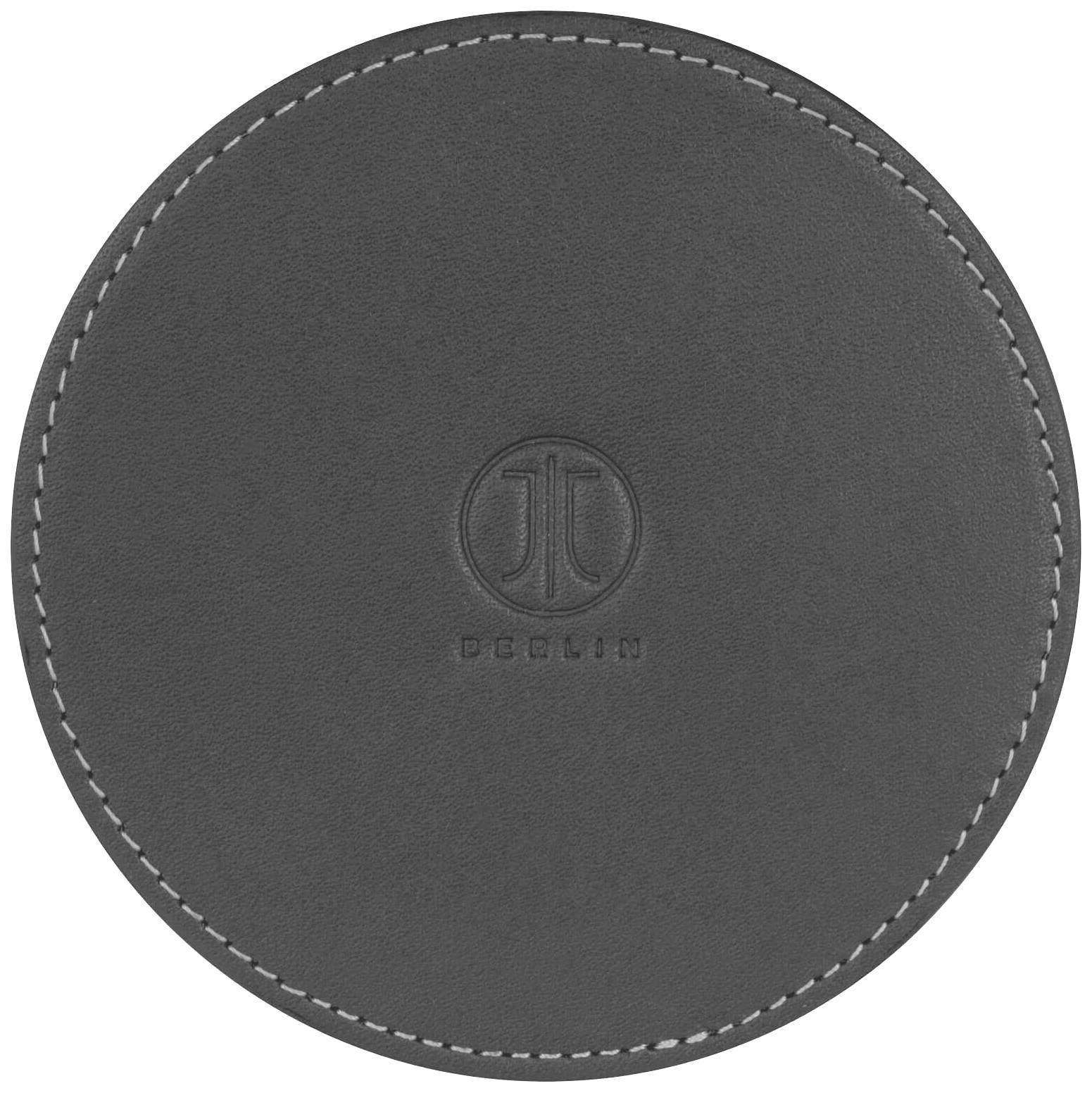Sottobicchiere rotondo grigio in pelle con logo centrale impresso al centro. Cuciture decorative sottili si sviluppano lungo il bordo.