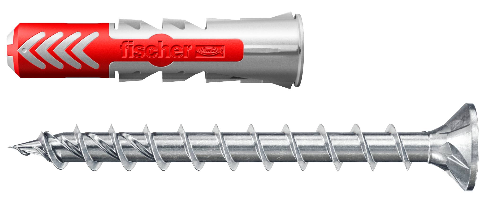 Immagine affiancata di un tassello Fisher rosso e di un fastener a vite argentato su sfondo bianco.