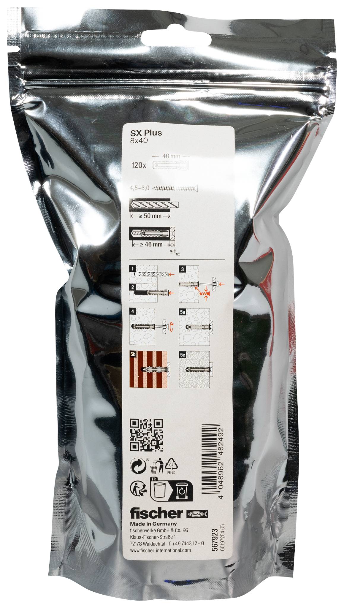 Tasselli in nylon Fischer, tipo SX Plus 8x40, in confezione trasparente. Contiene 120 pezzi e si distingue per la qualità del nylon.