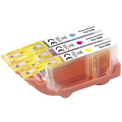 Tre cartucce di inchiostro a colori (giallo, blu, rosso) con la scritta 'CLI-526' in un supporto.