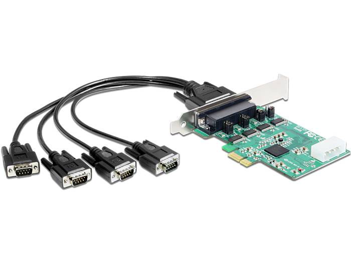 Una scheda PCI-Express verde con diversi cavi di interfacce seriali. Adatta per l'espansione delle porte del computer.