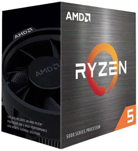 Una confezione di un 'Processore AMD Ryzen 5 Serie 5000' con il dissipatore di calore raffigurato e il distintivo logo Ryzen in arancione e bianco.