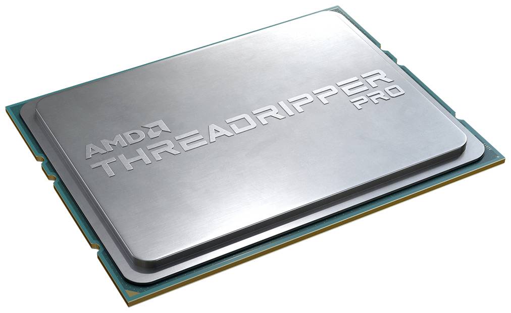 Un processore AMD Threadripper Pro, argentato con il logo 'THREADRIPPER PRO' inciso, montato su un supporto verde.
