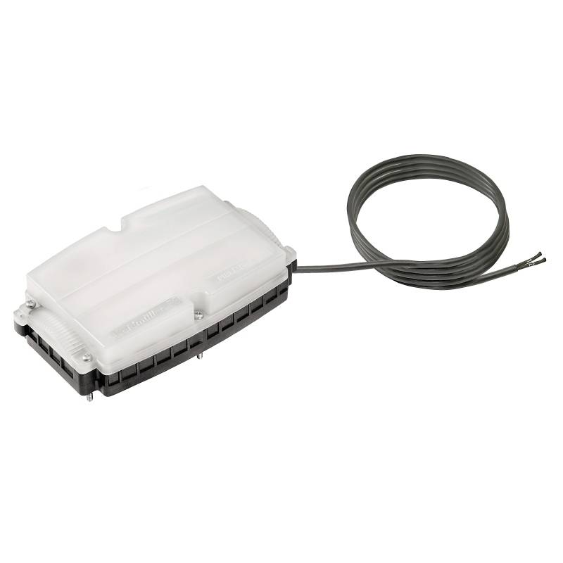 Un dispositivo rettangolare con coperchio trasparente e base nera. Un cavo è fissato su un lato. Potrebbe trattarsi di un sensore elettronico.