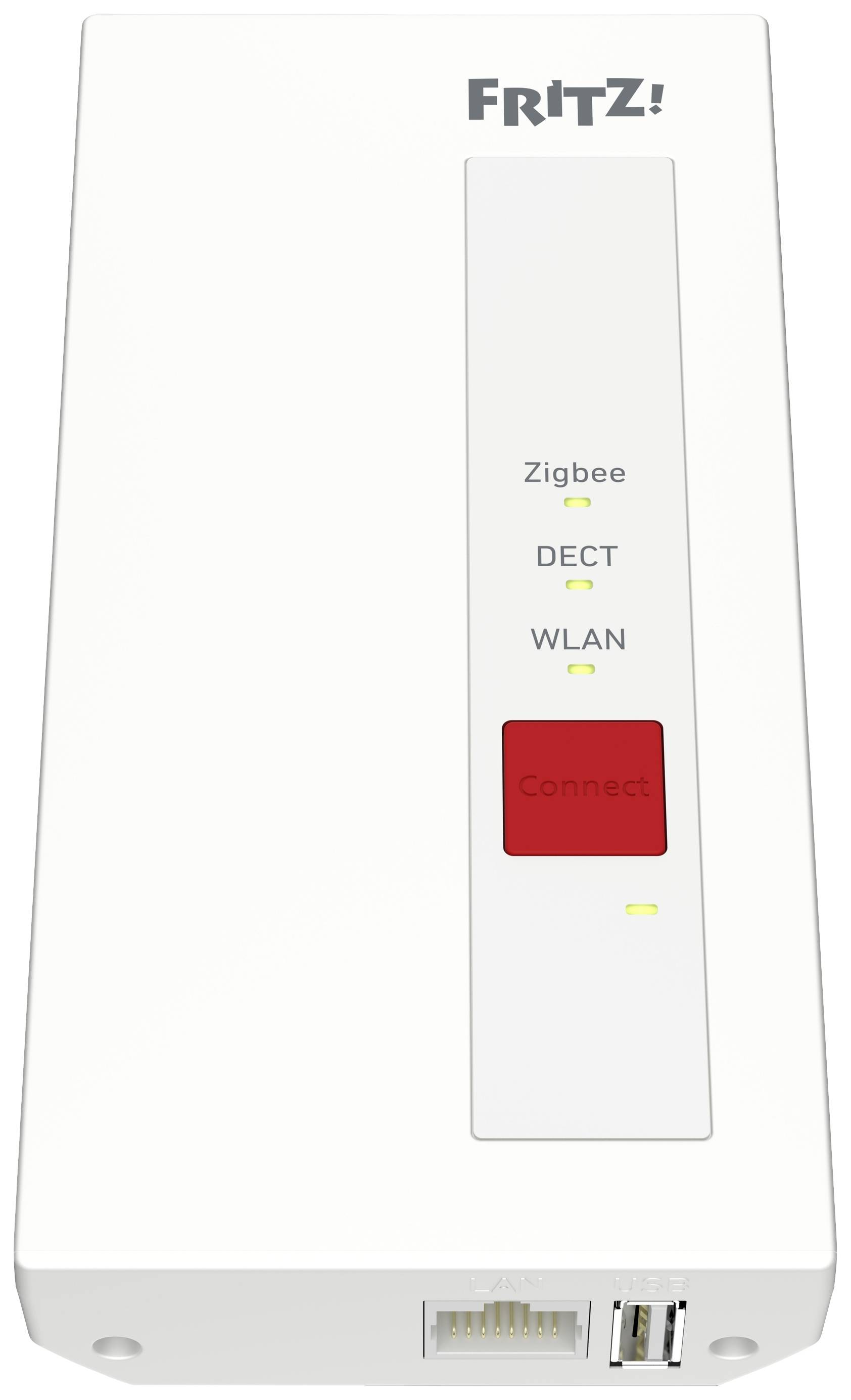 Gateway FRITZ!Smart nella confezione mostra un gateway intelligente per l'integrazione nel sistema FRITZ! Smart Home. Il testo sottolinea la facilità di connessione.
