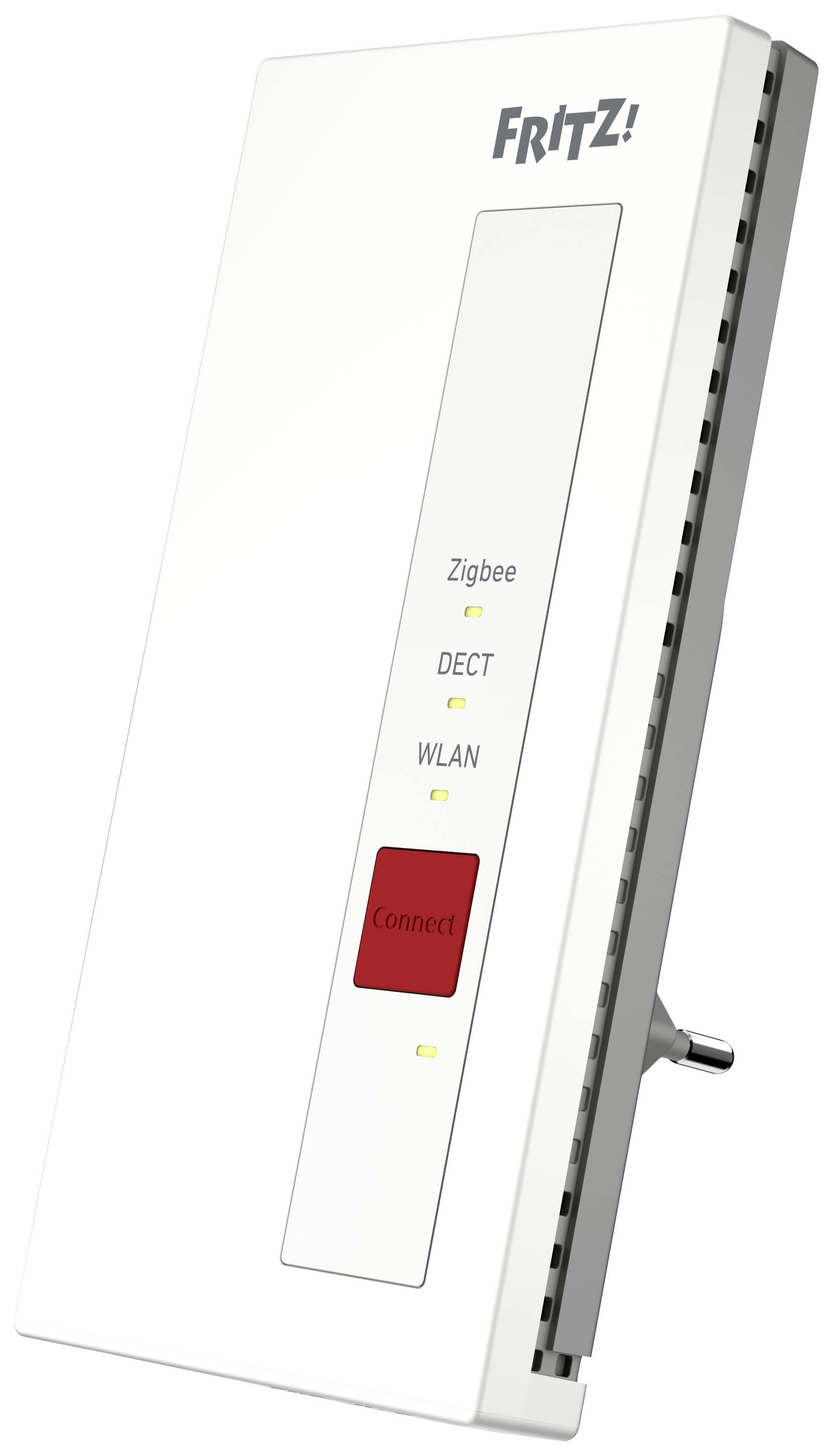 Un ripetitore FRITZ! WLAN bianco con tasti per Zigbee, DECT, WLAN e 'Connect'. Adatto all'estensione di reti domestiche.
