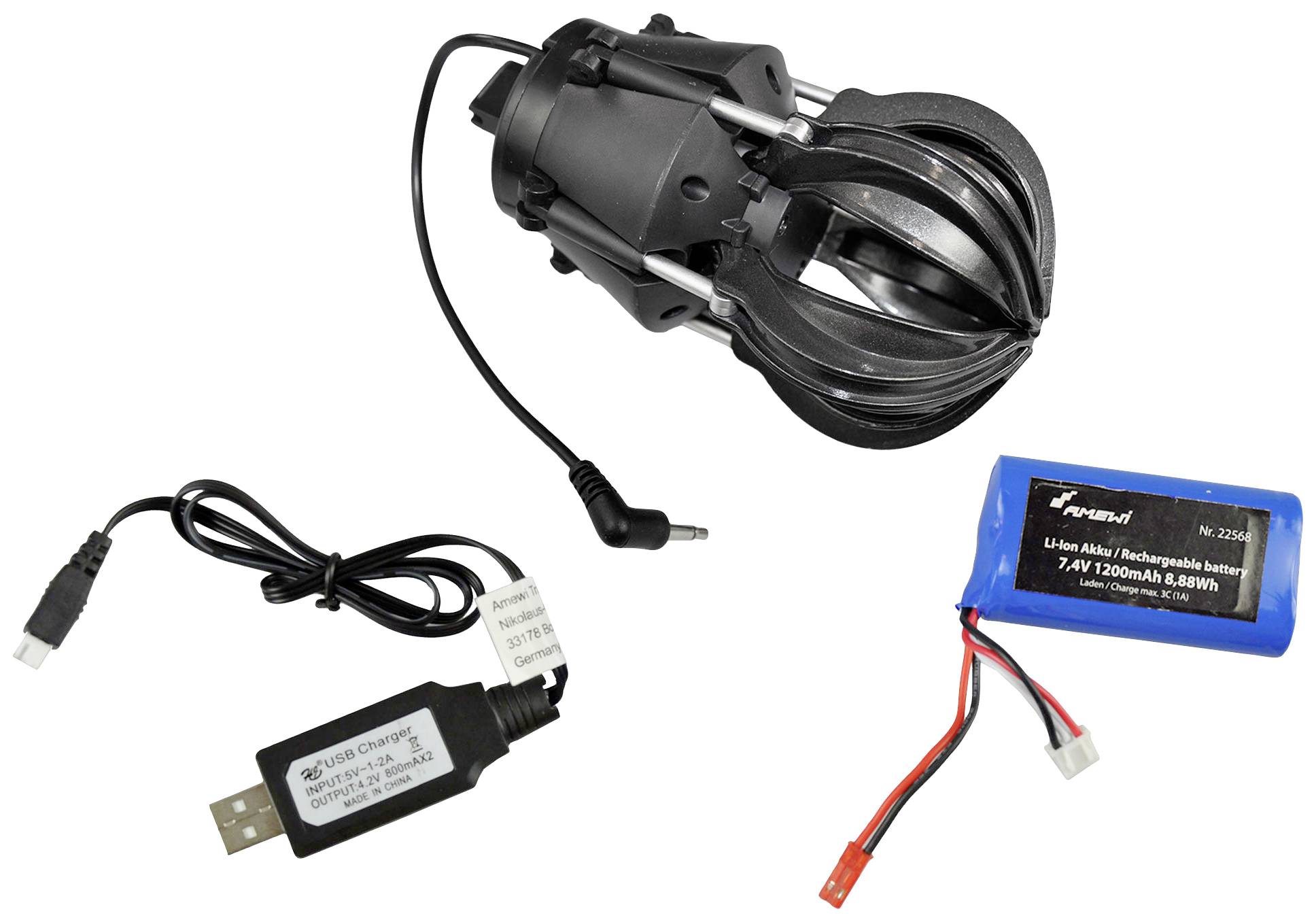 Un dispositivo meccanico nero con cavo; un cavo di ricarica USB; una batteria blu con connettore rosso.