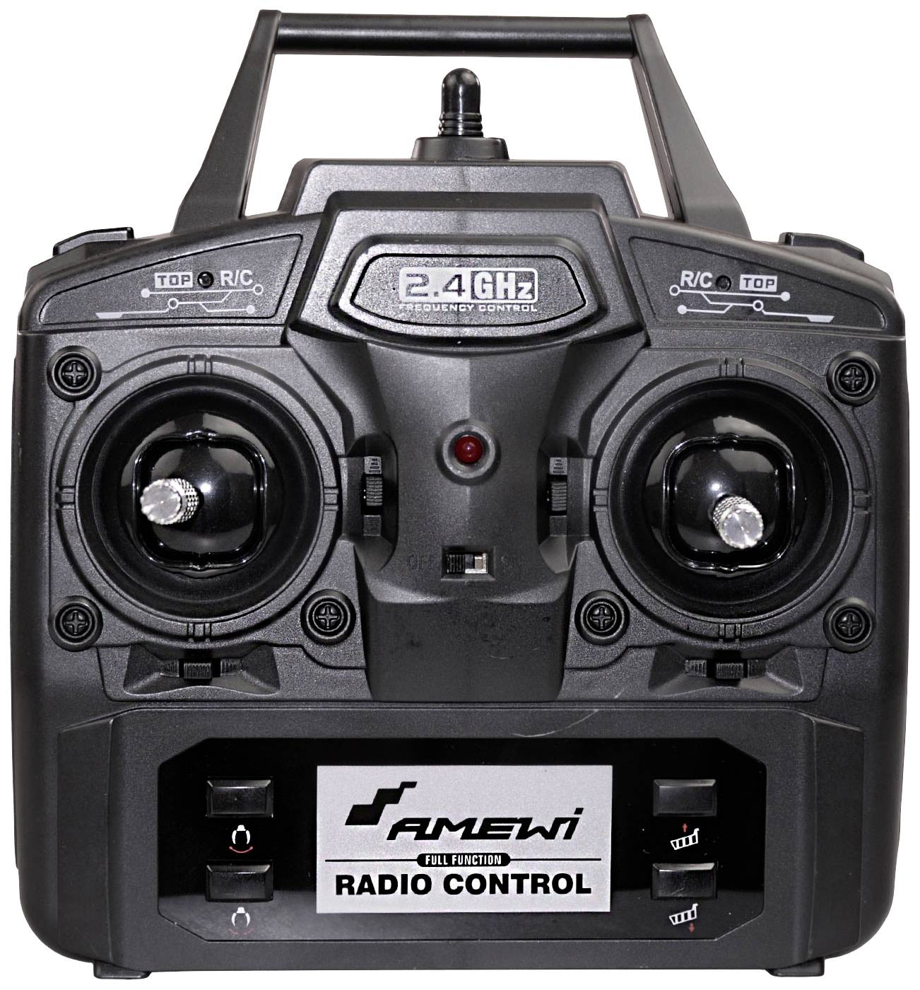 Telecomando con 2,4 GHz mostra due joystick e comandi di controllo. Nome del marchio 'Amewi' in basso. Utilizzato per il controllo di modelli.