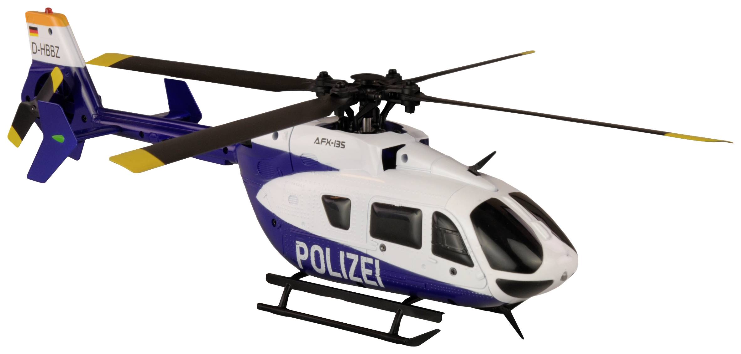 Un elicottero di polizia bianco e blu in volo, veduta laterale, con la scritta 'POLIZIA' visibile sul lato.
