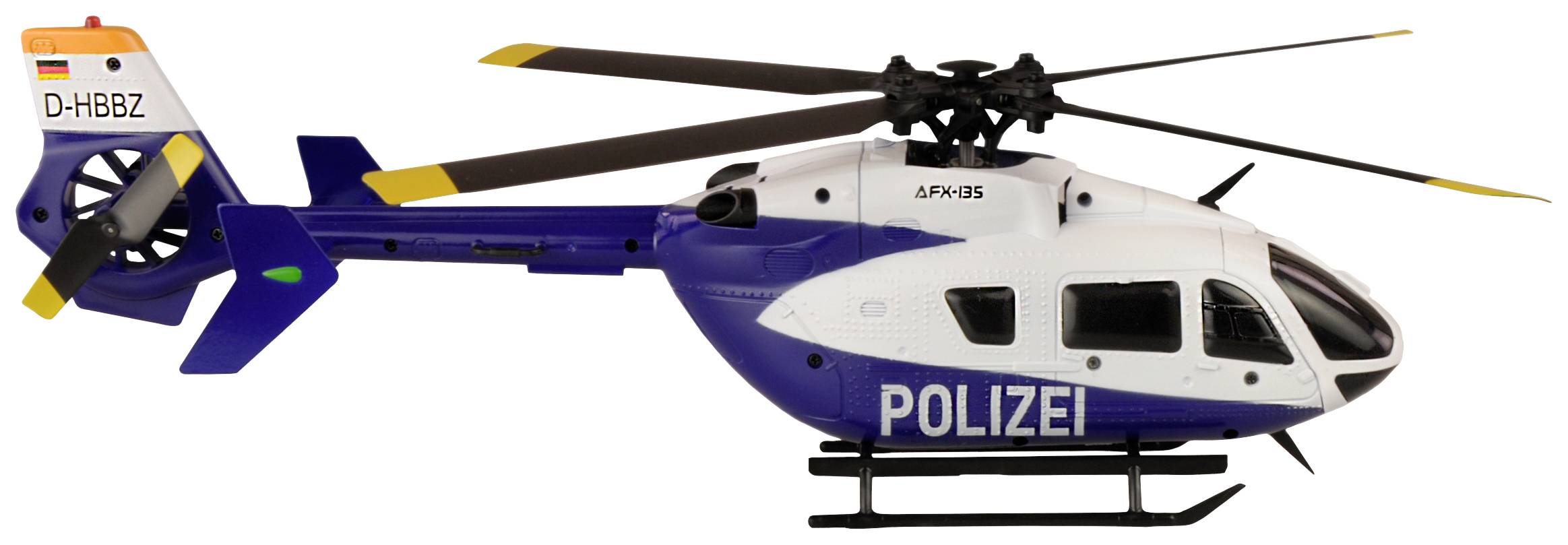 Un elicottero di polizia con le scritte 'Polizia' e 'D-HBBZ', fotografato di lato, verniciato di bianco e blu.