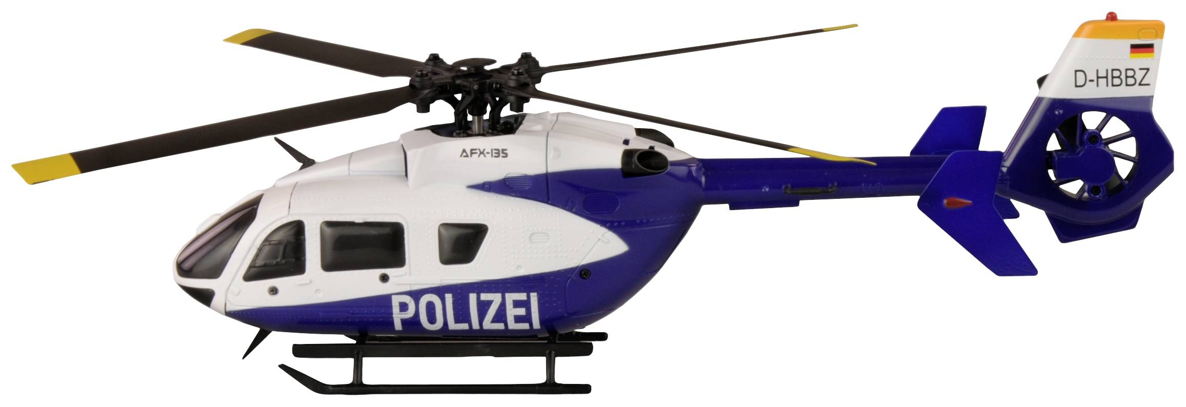 Un elicottero nei colori blu e bianco con la scritta 'Polizia' sul lato, aleggia in aria.