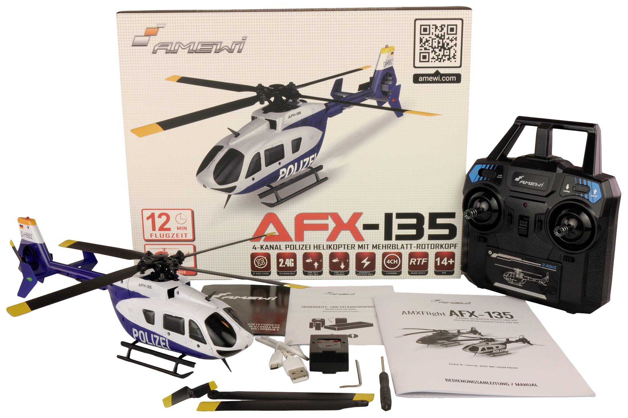 Set di elicottero della polizia telecomandato 'AFX-135' con telecomando, batterie, manuale di istruzioni e confezione mostrati.