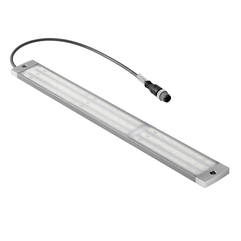 Sottile lampada LED con cavo di collegamento, forma rettangolare e piatta, idonea per aree di lavoro, con distribuzione uniforme della luce.