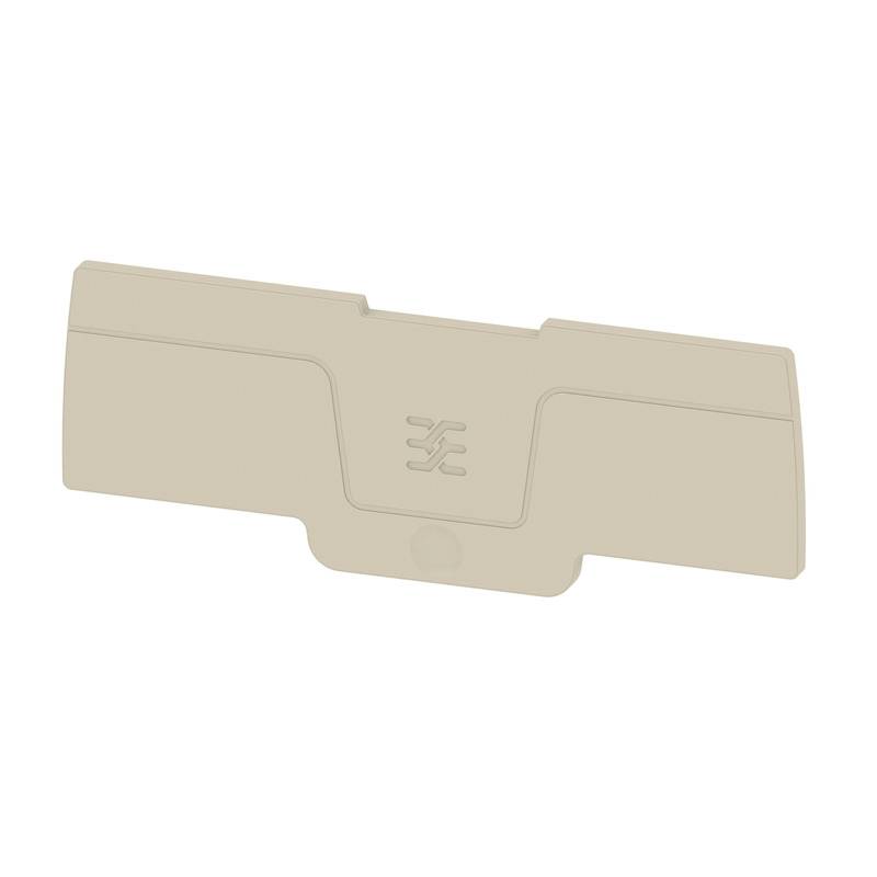 Un pezzo di plastica beige, rettangolare con angoli arrotondati e un logo simbolico al centro.