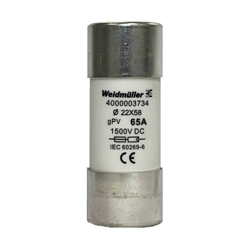 Fusibile di Weidmüller, numero modello 4000003734, per 1500V DC con 65A. Dimensioni: 22x58mm. Norma: IEC 60269-6. Certificato CE.