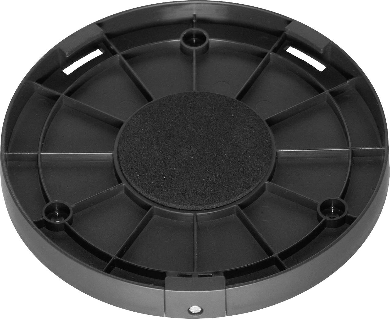 Coperchio nero rotondo in plastica con superficie strutturata e cinque fori visibili per viti.
