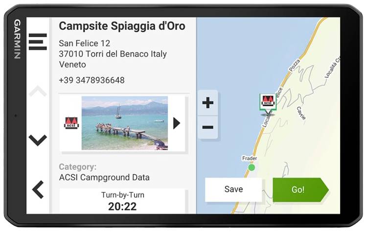 Dispositivo di navigazione Garmin che mostra 'Campsite Spiaggia d'Oro' in Italia, con indirizzo, numero di telefono, immagine del campeggio e opzioni di navigazione.
