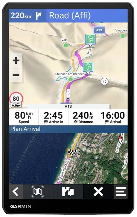 Un dispositivo di navigazione mostra un percorso con limite di velocità di 80 km/h. Velocità attuale: 80 km/h, arrivo previsto alle 16:00. Distanza: 240 km.