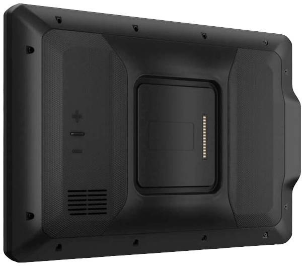 Retro di un dispositivo elettronico nero con fessure di ventilazione nitide e connettori. Forma semplice e rettangolare.
