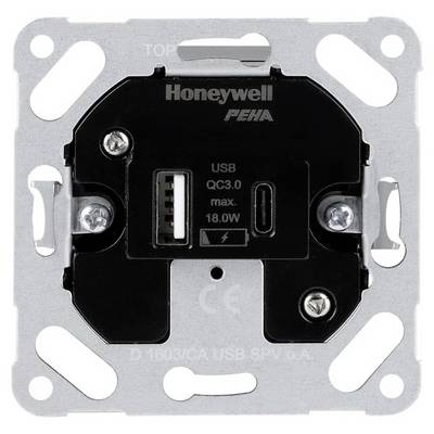 Presa elettronica Honeywell con porta USB e Quick Charge 3.0, potenza massima di 18,0 watt. Cornice in metallo argentato.
