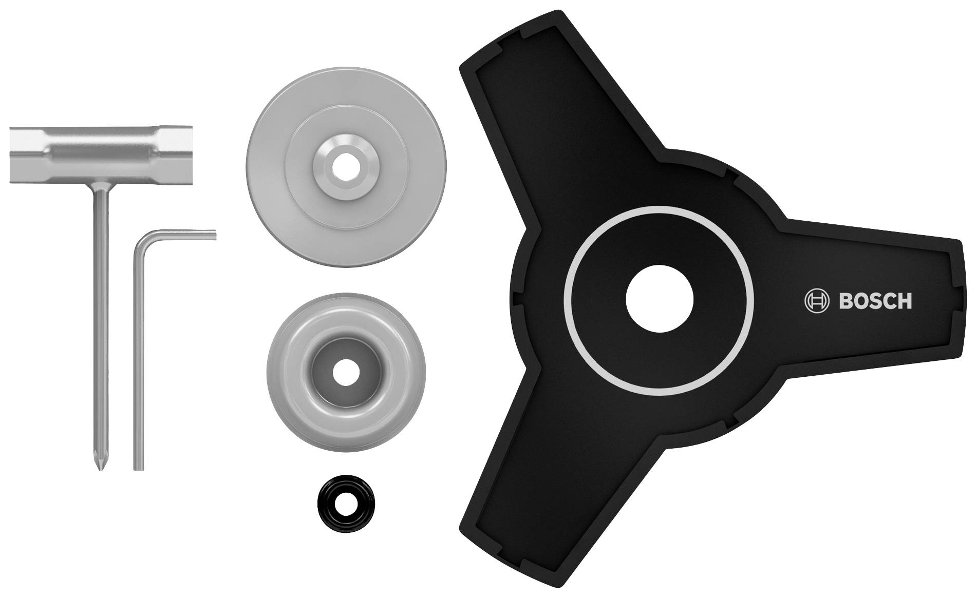 Set di adattatori multipli Bosch per decespugliatore, composto da tre lame, adattatore e albero. Adatto per diversi lavori di taglio.