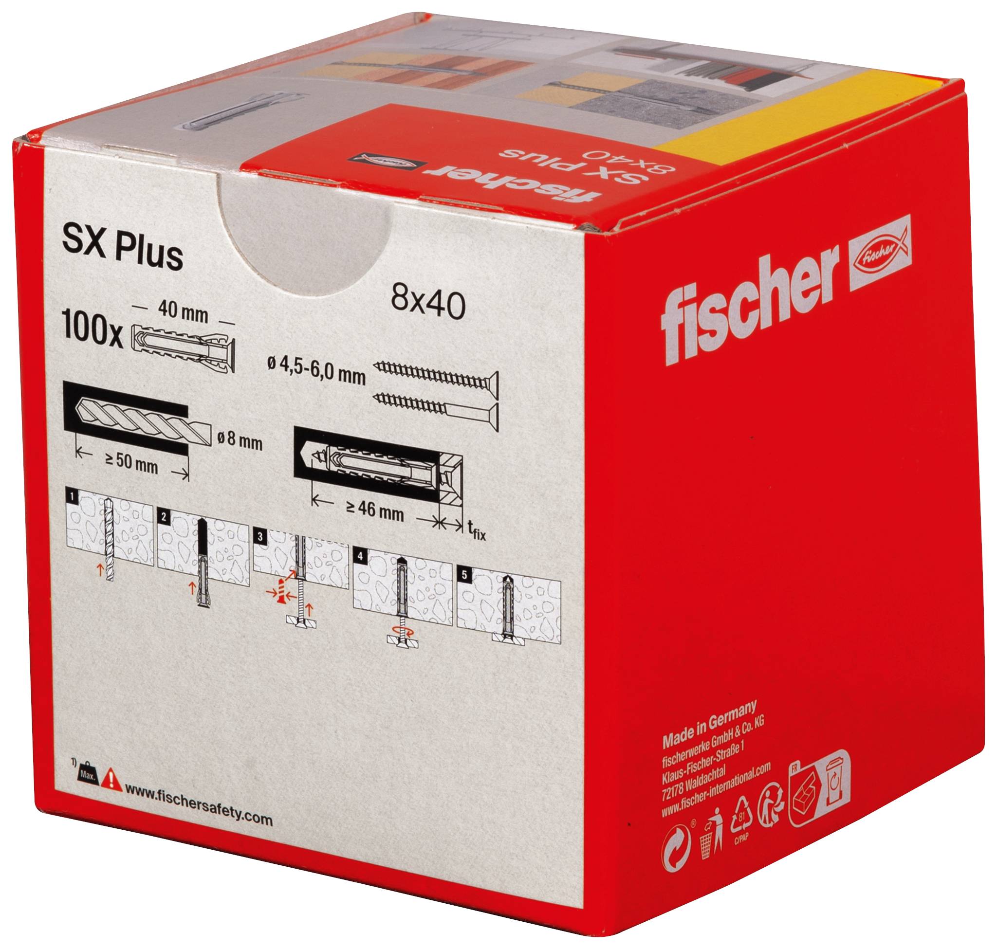 Confezione rossa di tasselli Fischer SX Plus 8x40 da 100 pezzi. Contiene istruzioni e dettagli tecnici per l'utilizzo. Prodotto in Germania.