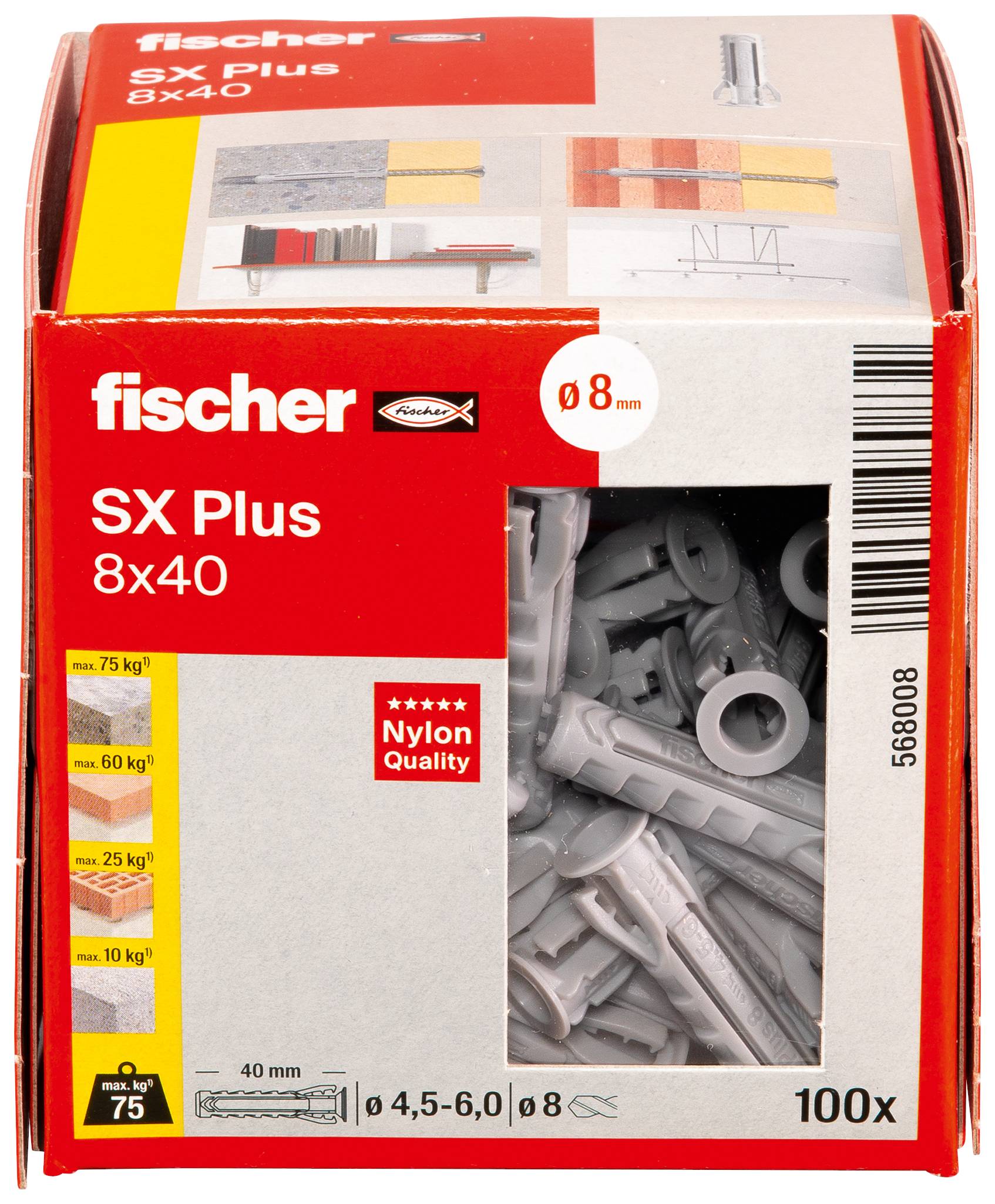 Confezione di Fischer SX Plus 8x40. Contiene 100 tasselli in plastica grigia, idonei per carichi fino a 75 kg con diametro di 8 mm.