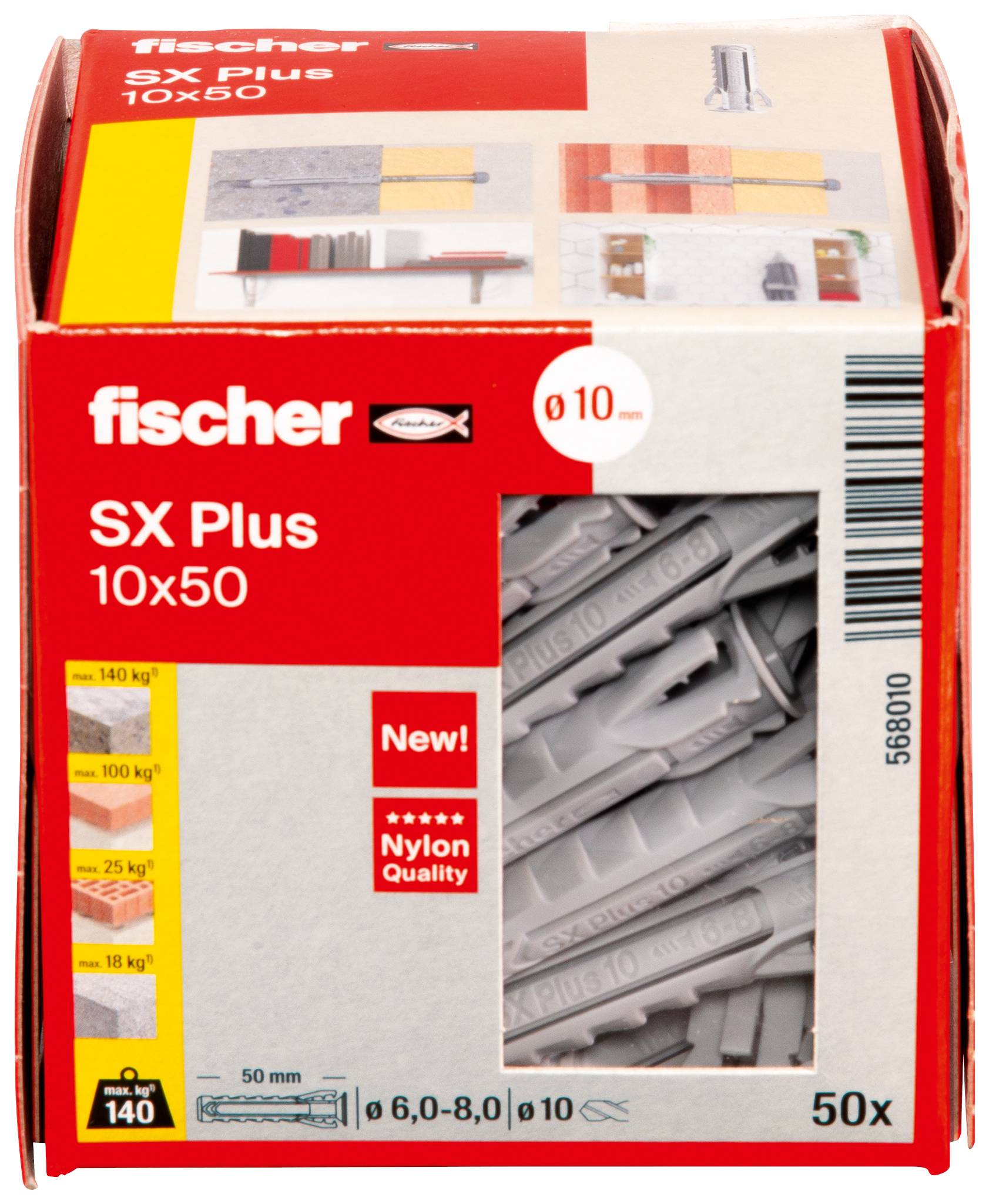 Confezione rossa del marchio Fischer, modello SX Plus, contiene 50 tasselli. Include istruzioni di montaggio e misure sulla confezione.