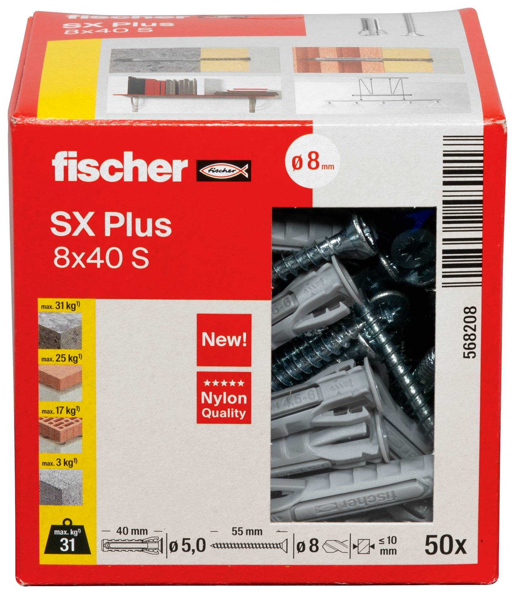Una confezione rossa con la scritta 'SX Plus 8x40 S', mostra tasselli e viti per diversi materiali da parete con simboli illustrativi.