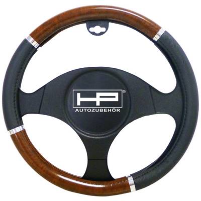 Rivestimento del volante in materiale nero e marrone con elementi metallici. Al centro sono riportati "HP" e "ACCESSORI AUTO".