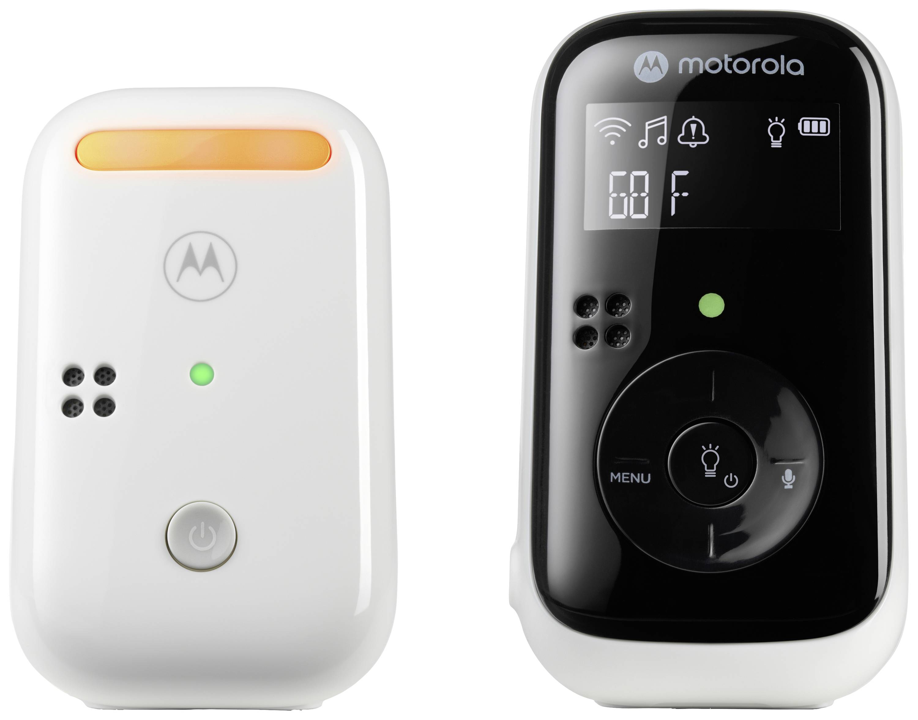 Due dispositivi per baby monitor: a sinistra l'unità trasmittente con LED arancione, a destra l'unità ricevente con display, indicatore di temperatura e tasti.