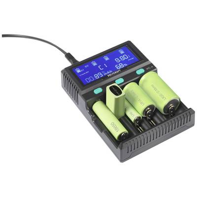 Un caricabatterie con quattro slot di ricarica per batterie diverse. Uno schermo blu mostra le statistiche di carica.