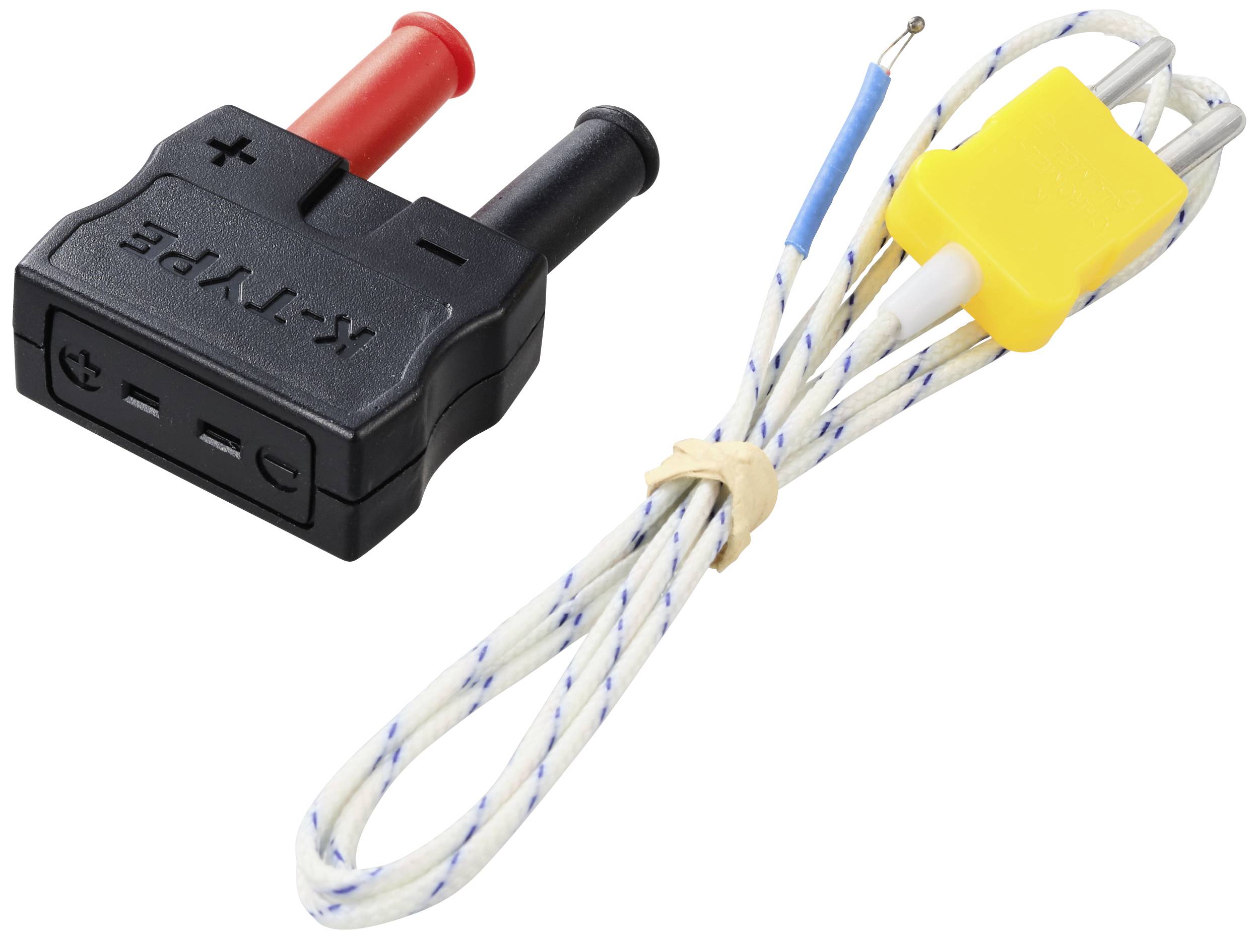 Due cavi di misurazione, uno nero e uno rosso, con un connettore per termocoppia giallo e morsetti a coccodrillo per misurare valori elettrici.