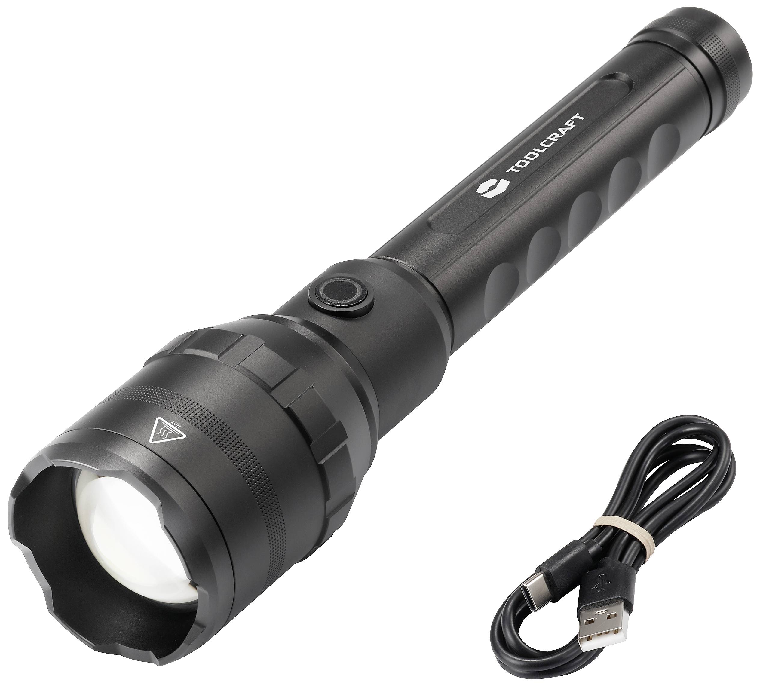 Una torcia a LED nera di Toolcraft è posizionata accanto a un cavo di ricarica USB. Ha un manico antiscivolo e un interruttore di accensione/spegnimento.