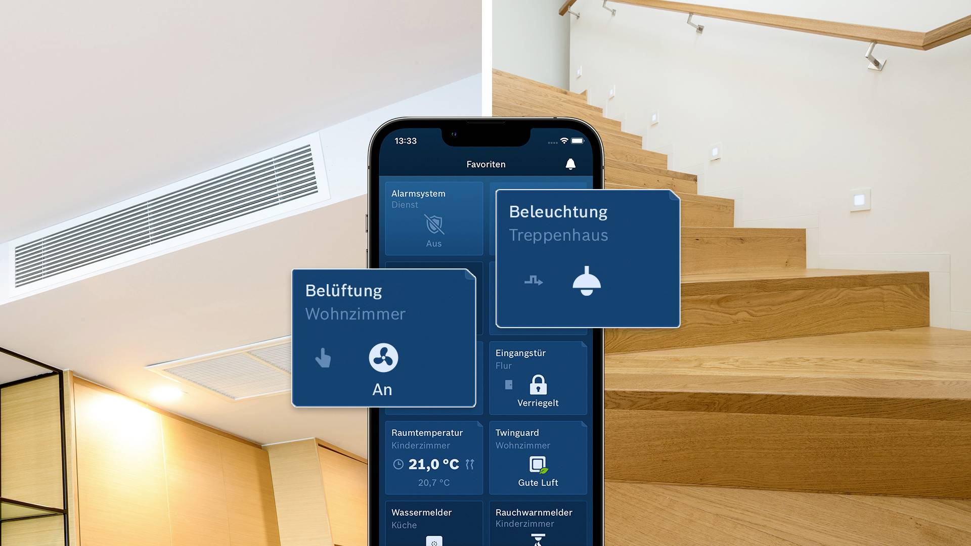Un smartphone mostra un'app per la domotica con opzioni per controllare la 'Ventilazione soggiorno' e l'Illuminazione del vano scale'. Sullo sfondo, una scala.