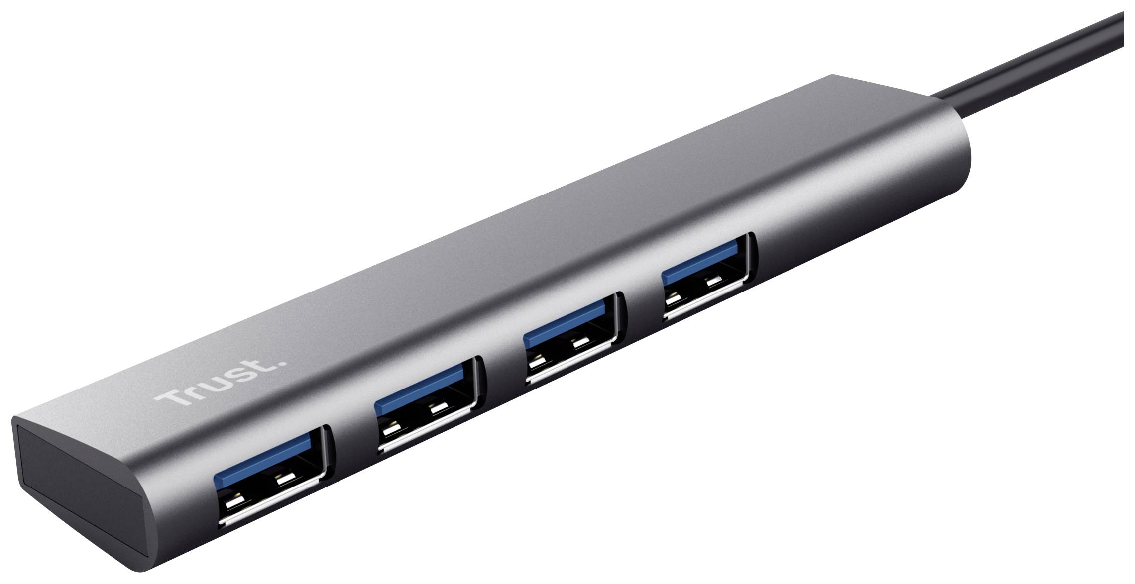 Un hub USB sottile, grigio, con quattro porte USB disposte in fila. A sinistra è presente il nome del marchio 'Trust'.