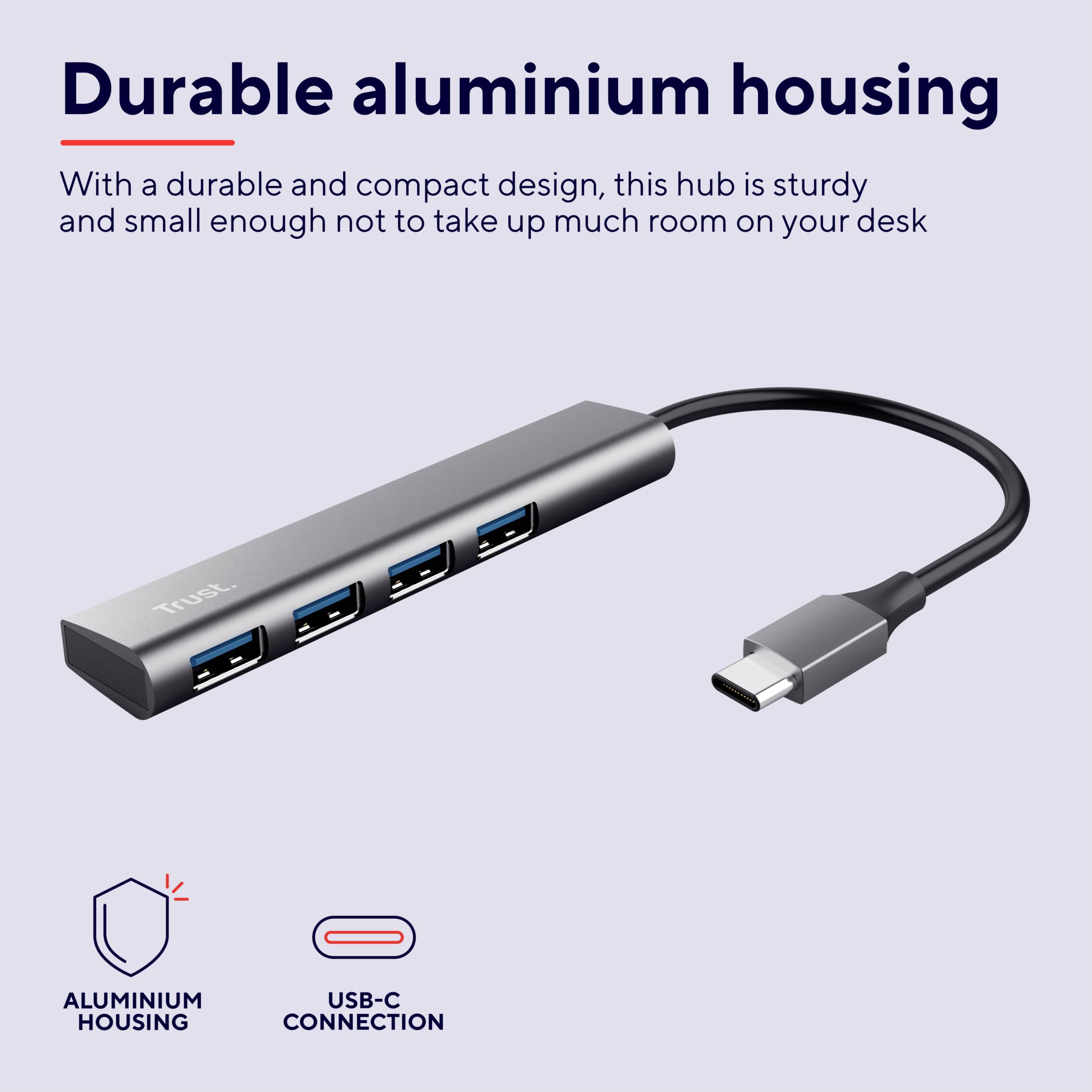 Hub USB-C con quattro porte. Custodia in alluminio robusta. Compatto e salvaspazio per la scrivania.