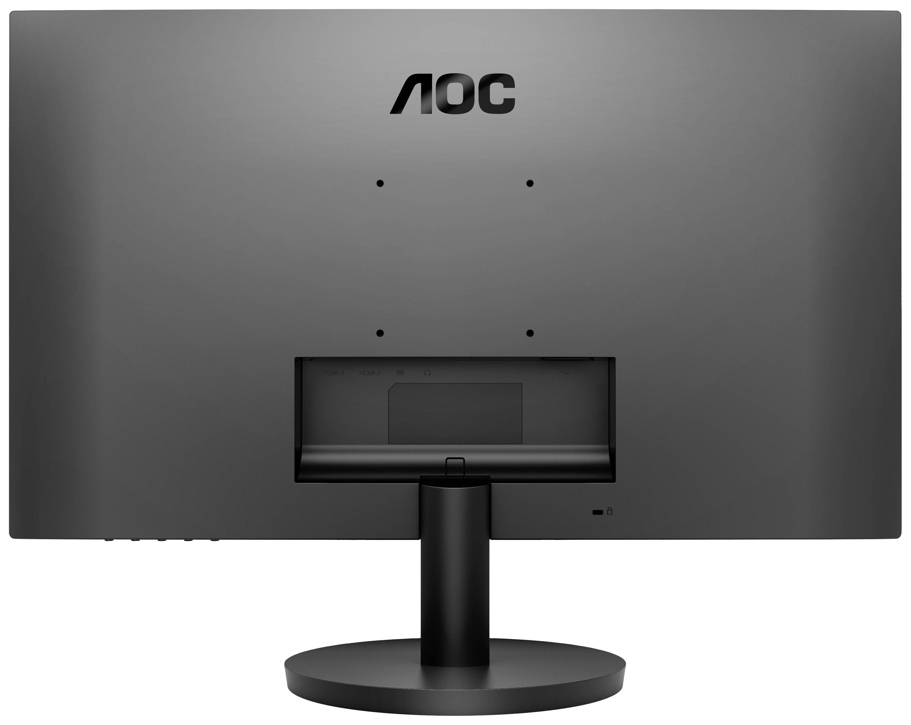 Un monitor nero visto da dietro con un piedistallo rotondo e il marchio 'AOC' in alto.