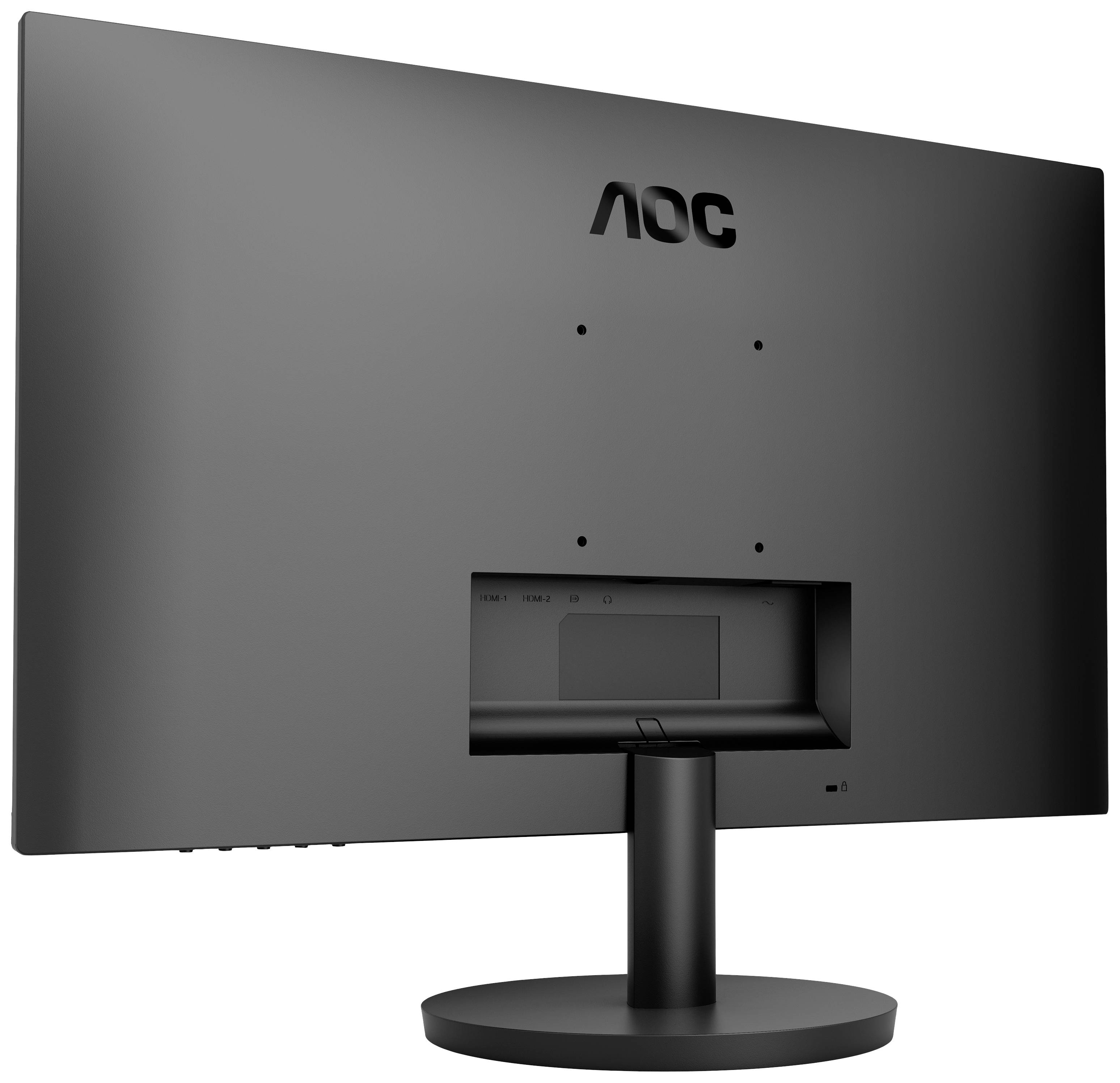 Un monitor AOC visto da dietro, che mostra il design sottile e nero e il piedistallo rotondo.