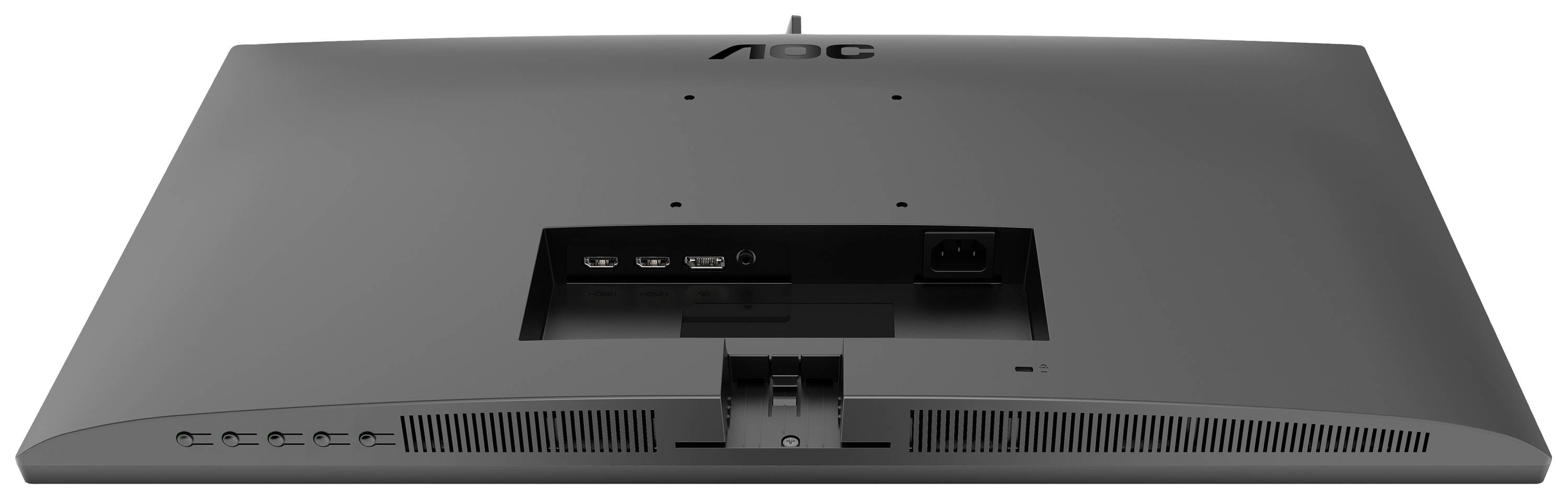 Veduta posteriore di un monitor per computer; mostra le porte di connessione e i pulsanti di controllo nella parte inferiore del retro del dispositivo.