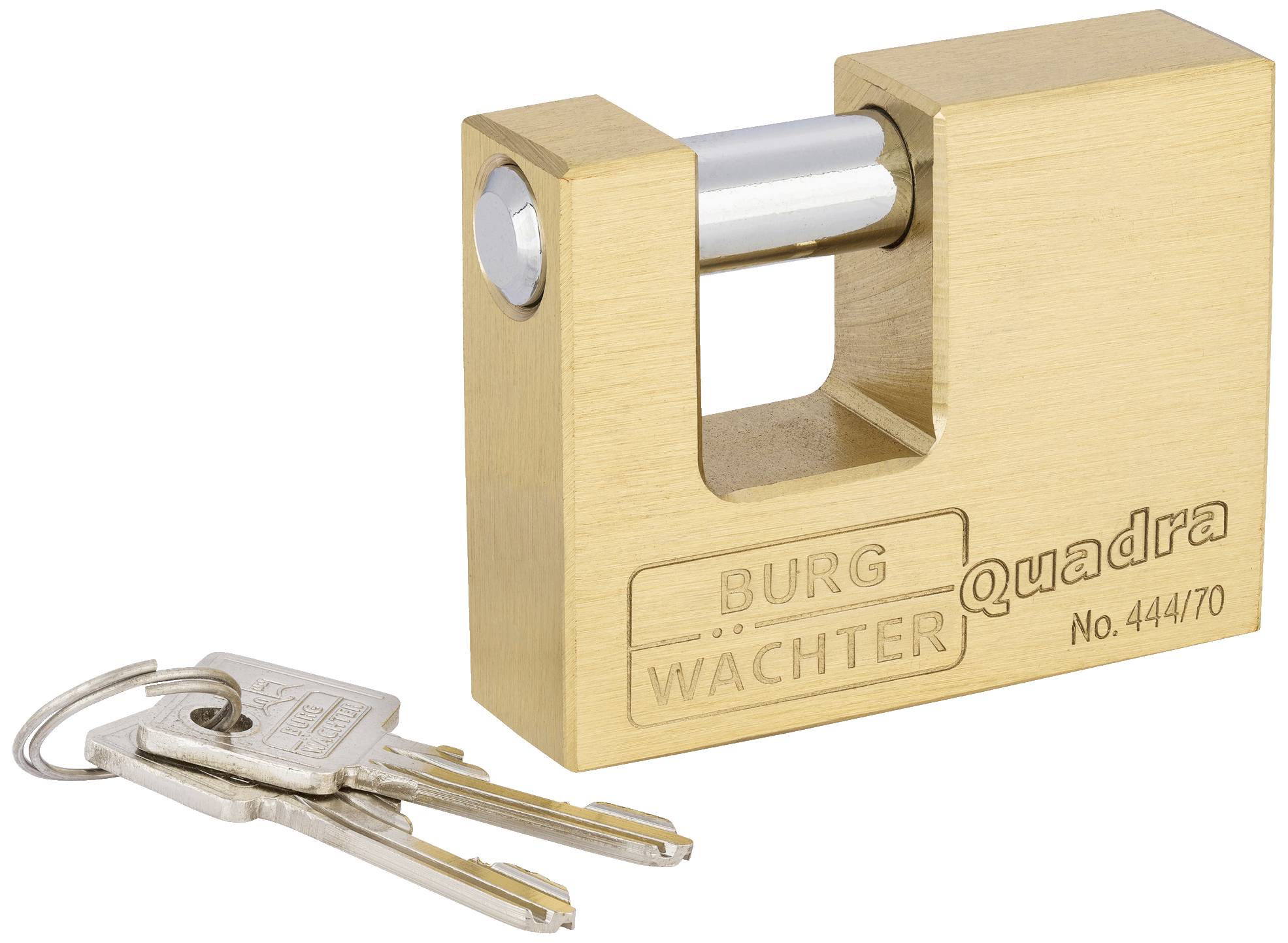 Un robusto lucchetto color ottone con due chiavi accanto. Sul lucchetto è scritto 'BURG WÄCHTER quadra'.