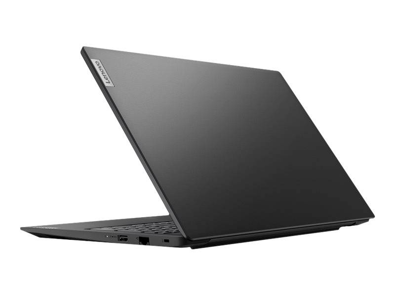 Un laptop nero, leggermente aperto, mostra il lato sinistro con le porte USB. Sul retro è riconoscibile un logo del marchio.