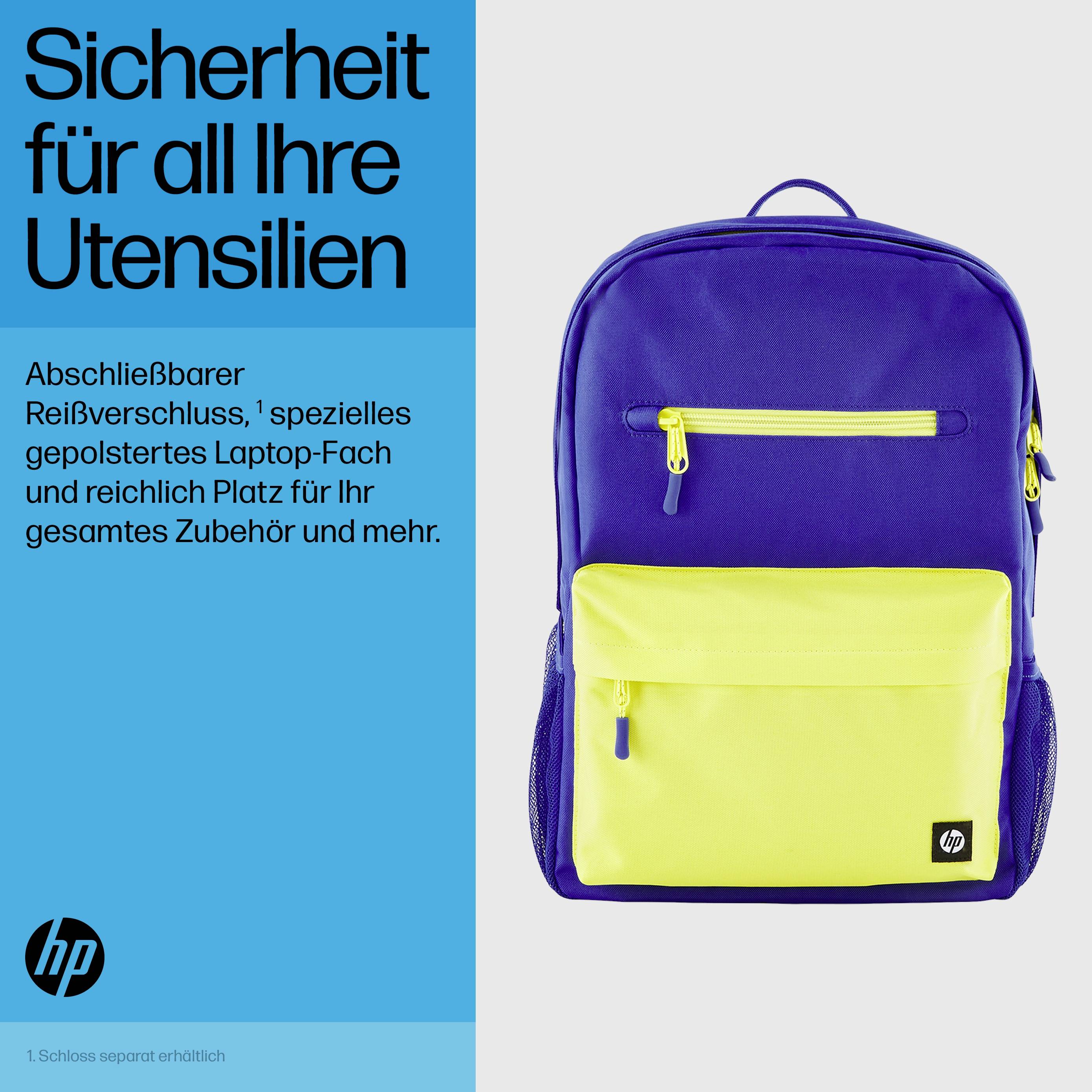Lila e zaino giallo con testo: 'Sicurezza per tutti i vostri accessori'. Scomparto imbottito per laptop e spazio per gli accessori.