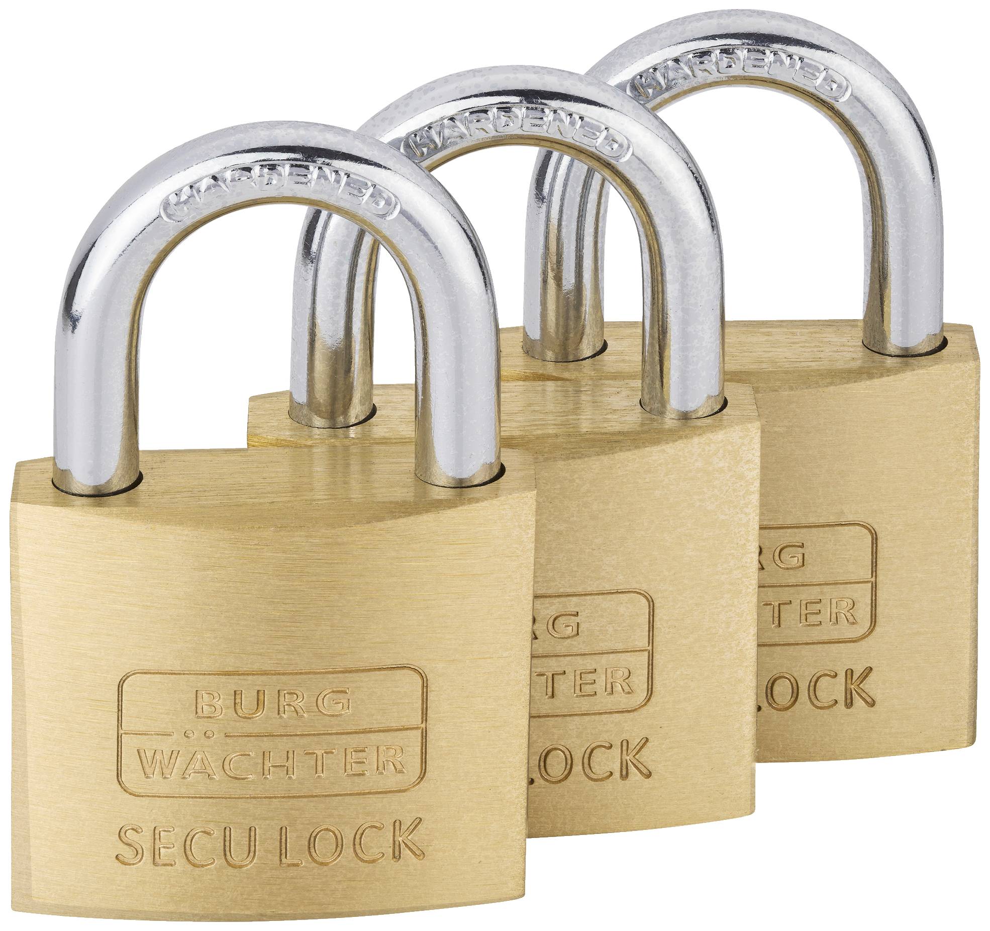 Tre lucchetti in ottone, posizionati uno sopra l'altro. Su ogni lucchetto è scritto 'BURG WÄCHTER SECU LOCK'.