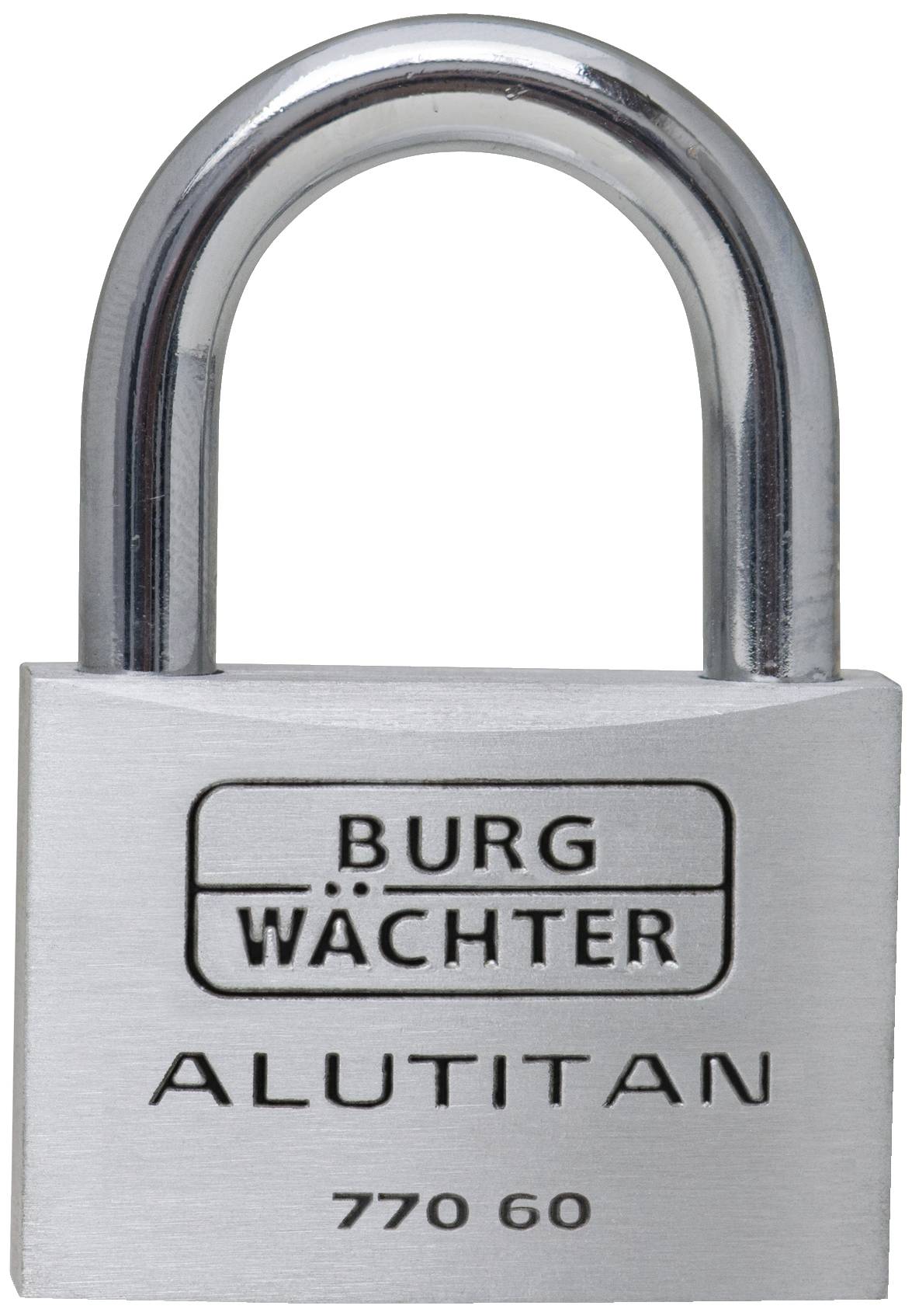 Un lucchetto argentato con la scritta 'BURG WÄCHTER ALUTITAN 770 60'.